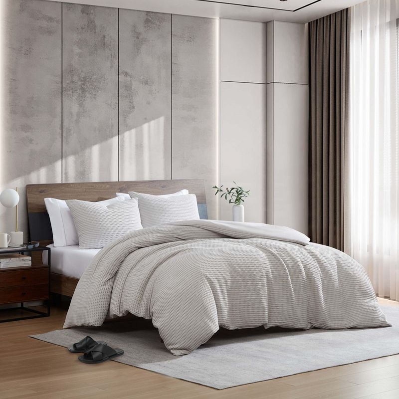 Kenneth Cole New York Textured Duvet Cover & Sham Sets (Solid Waffle-Grey)-Full/Queen, 1 of 11