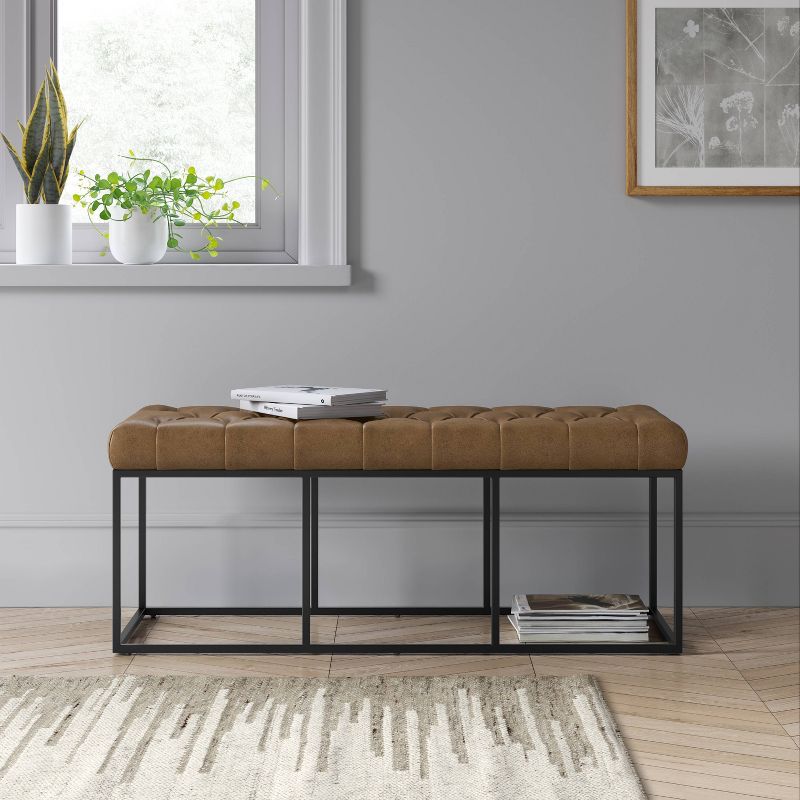 Trubeck Tufted Metal Base Bench Faux Leather Brown - Threshold&#8482;, 2 of 6