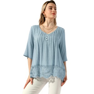 Allegra K Women's Lace Trim Ruched Comfy Summer 1/2 Sleeve V Neck Shirt - 1 of 4