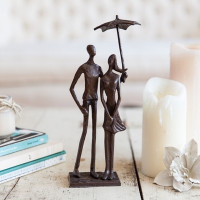 Bronze Loving Couple Under Umbrella Figurine with Polished Finish
