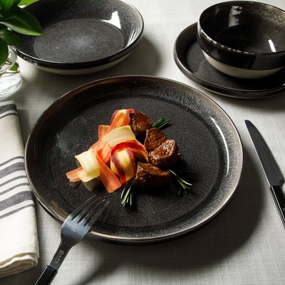 SKE Banquette Glossy Black Ceramic 16-Piece Dinnerware Set