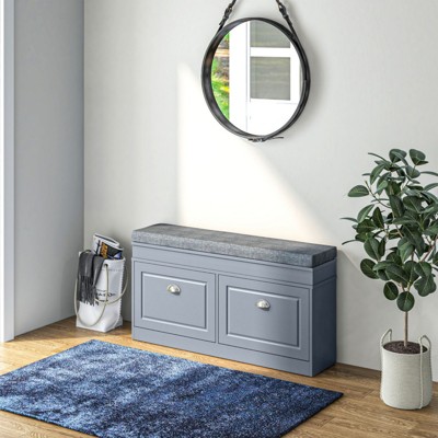 SKRAN Modern Shoe Rack Bench for Entryway, Storage Organizer with Cushion, 2 Drawers, Adjustable Shelf, Holds 8 Pairs, Gray