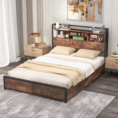 Queen Size Vintage Brown Bed Frame with Bookcase Headboard and Storage Drawers