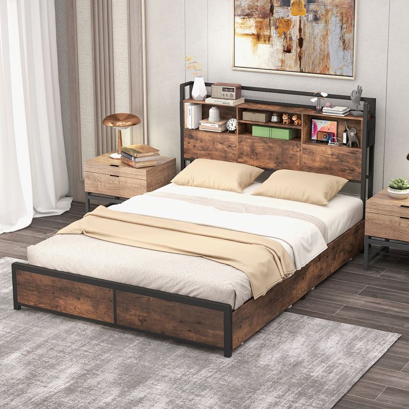 Tangkula Queen Size Bed Frame w/ Bookcase Headboard & 4 Storage Drawers Vintage Brown, 2 of 11