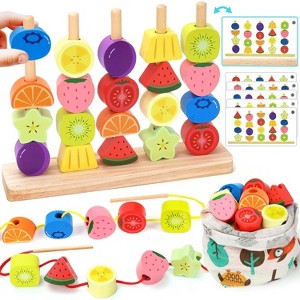Wooden Beads Stacking Toy Set with Sequencing Game, Lacing and Shape Matching for Ages 2-5 - 1 of 4