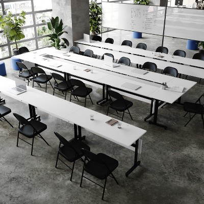 White and Black Rectangular Folding Training Table with Casters