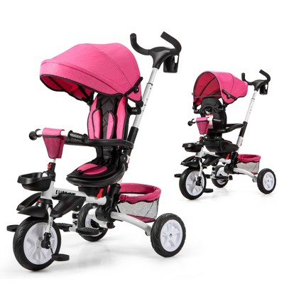 Costway 6-In-1 Kids Baby Stroller Tricycle Detachable Learning Toy Bike w/ Canopy Pink\Blue\Gray