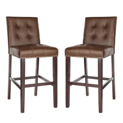 Nikita Brown Leather and Wood Bar Stools, Set of 2