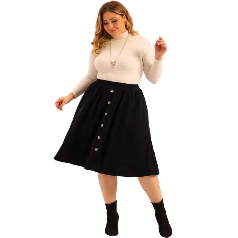Agnes Orinda Women's Plus Size Elastic High Waist Button Front Pockets Midi Corduroy A Line Skirts, 3 of 6