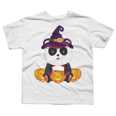 Boy's Design By Humans Cute Panda Mock up Witch With Jack O Lantern Halloween T-Shirt By thebeardstudio T-Shirt