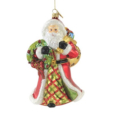 Huras 7.25" Santa W/  Poinsettia Wreath Ornament Floral Plaid Flowers  -  Tree Ornaments