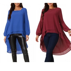 INSPIRE CHIC Women's Lantern Long Sleeve Round Neck High Low Irregular Hem Casual Blouse 2 Packs - 1 of 4