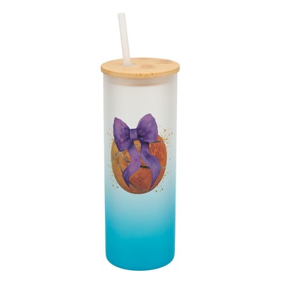 Elanze Designs 25 Ounce Frosted Glass Gradient Travel Tumbler With Straw and Wooden Lid, Basketball With Purple Bow Sky Blue