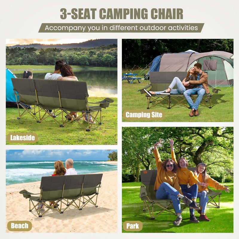 Costway 3 Person Folding Camping Chair Heavy-Duty Camp Couch with 2 Cup Holders Padding Blue/Green, 5 of 11