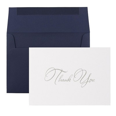 JAM Paper Thank You Card Sets Silver Script Cards w/Navy Envelopes D41111TYGLMB