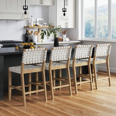Set of 4 White Woven Faux Leather Bar Stools with Solid Wood Legs