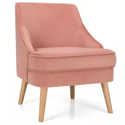 Costway Accent Chair Velvet Upholstered Single Sofa with Rubber Wood Legs Pink