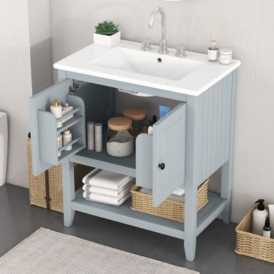 TIRAMISUBEST 30" Gray Modern Sleek Bathroom Vanity Elegant Ceramic Sink with Solid Wood Frame Open Style Shelf & Door Shelf Design