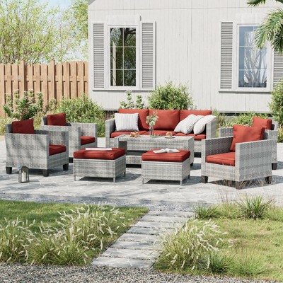 Sonkuki 8-Piece Rattan Patio Furniture Set Coversation Set Outdoor Sofa Couch w/ Chairs, Side Table and Ottoman, Navy Blue Cushion