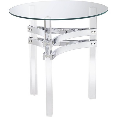 Studio 55D Modern Acrylic Round Accent Table 23 3/4" Wide Clear Tempered Glass Chrome Straps for Living Room Bedroom Bedside Home