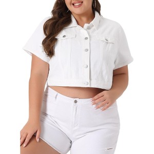 Agnes Orinda Women's Plus Size Short Sleeve Button-Down Cropped Denim Jean Jackets - 1 of 4