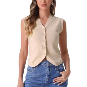 Allegra K Women's Sleeveless Sweater V Neck Cropped Button Up Casual Knit Tank Top - 1 of 4