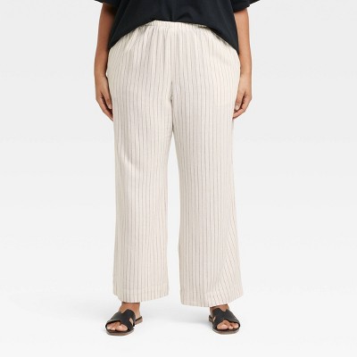 Women's Mid-Rise Wide Leg Linen Pull-On Pants - A New Day™ White Striped 1X