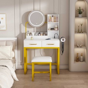 AENKYO Makeup Vanity with 3 Adjustable LED Lights, Power Outlet & Metal Chair, Dressing Table with 2 Drawers for Bedroom, Round Mirror - White/Brown - 1 of 4