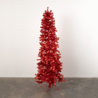 Artificial Red Illuminated 7' Tinsel Tree Red