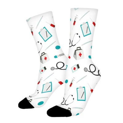 Fun Nurse Pattern Women Printed Crew Socks Funny Funky Socks Soft Polyester Novelty Gifts for Artists Men
