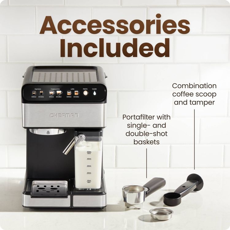 Chefman Barista Pro Espresso Maker Stainless Steel Finish: 1350W Electric Coffee Machine, Dishwasher-Safe Parts, 1.8L Capacity, 6 of 8
