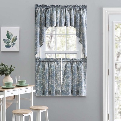 Lexington Blue Leaf Pattern Cotton Polyester Window Tiers
