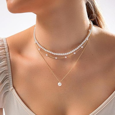 HTUTWOO Gold Pearl Necklace for Women, Dainty 14K Gold Plated Layered Pearl Choker, Wedding Trendy Gold Jewelry for Women Gifts