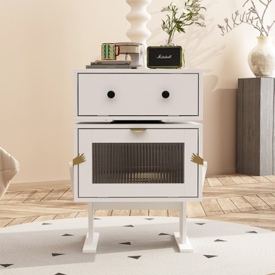 FUFU&GAGA End Table Modern Rotatable Nightstand with Storage Drawer & Glass Door