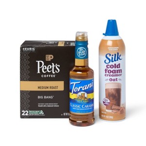 Peet's 22ct Big Bang Medium Roast Coffee Pods + Torani 12.7 fl oz Caramel Syrup + Silk 14oz Cinnamon Caramel Cold Foam Cream - 1 of 4