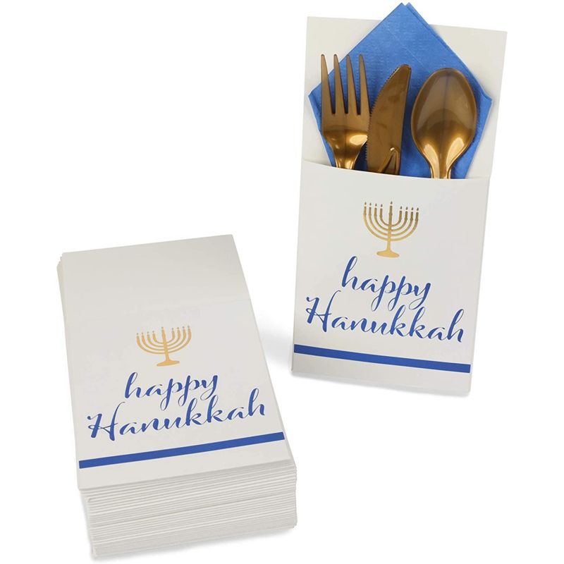 Sparkle and Bash 36 Pack Happy Hanukkah Silverware Cutlery Holders, Chanukah Utensil Paper Pouch Bag for Party Table Decorations, 1 of 8