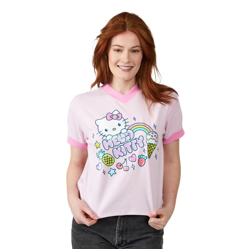 Hello Kitty Rainbow Hearts Stars & Sweet Treats V-Neck Short Sleeve Cradle Pink Women's T-shirt, 1 of 3
