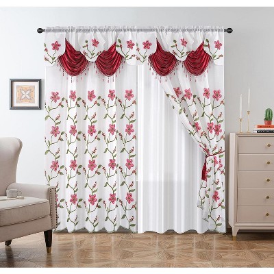 Home Mart Goods Burgundy White Luxury Floral Embroidery Rod Pocket Window Panel Attached Valance Satin Backing 2 Tie Backs Curtain Set (2 Panels)