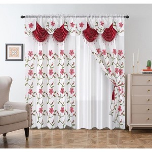 Home Mart Goods Burgundy White Luxury Floral Embroidery Rod Pocket Window Panel Attached Valance Satin Backing 2 Tie Backs Curtain Set (2 Panels) - 1 of 4