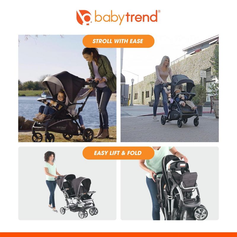 Baby Trend Sit N' Stand Multi-Use Easy Fold Travel Toddler and Baby Double Stroller with Safety Harness and Storage Basket, 6 of 9