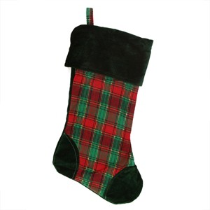 Northlight 19" Christmas Traditions Green, Red and Gold Woven Plaid and Velvet Stocking - 1 of 3