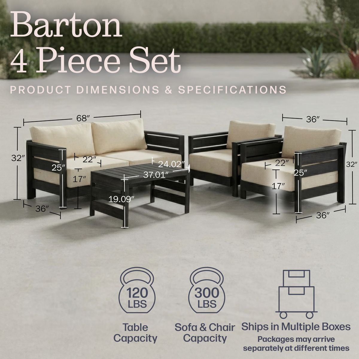 Alaterre Furniture Barton 4 Piece Patio Furniture Set - Weather-Resistant Eucalyptus Wood Outdoor Furniture Set - thumbnail 3
