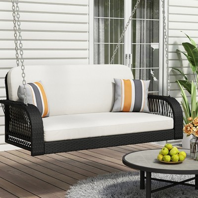 PE Wicker Porch Swing, 2-Seater Hanging Bench With Chains, Patio Furniture Swing For Backyard Garden Poolside