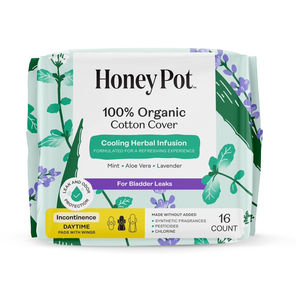 Honey Pot 100% Organic Cotton Cover Cooling Herbal Infusion Incontinence Daytime - 16 ct
