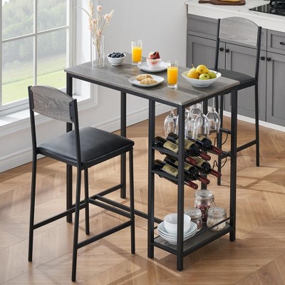 Whizmax Bar Table Set for 2 with Footrest, Kitchen Dining Table with 2 Upholstered Chairs, Small Space Counter Height Barstools for Counter Bar