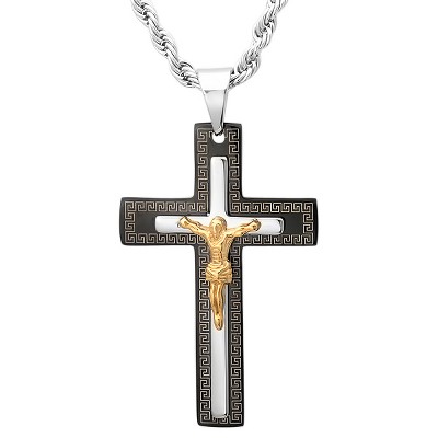 Steeltime 24" Men's  18k gold plated andblack ipstainless steel crucifix pendant