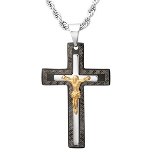 Steeltime 24" Men's  18k gold plated andblack ipstainless steel crucifix pendant - 1 of 2
