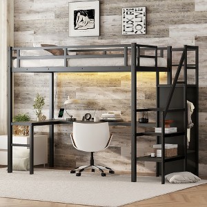 ALEXOUN Metal Loft Bed with L Shaped Desk and Wardrobe, Heavy Duty Loft Bed Frame with Storage Stairs,Space Saving Loft Bed, Black - 1 of 4