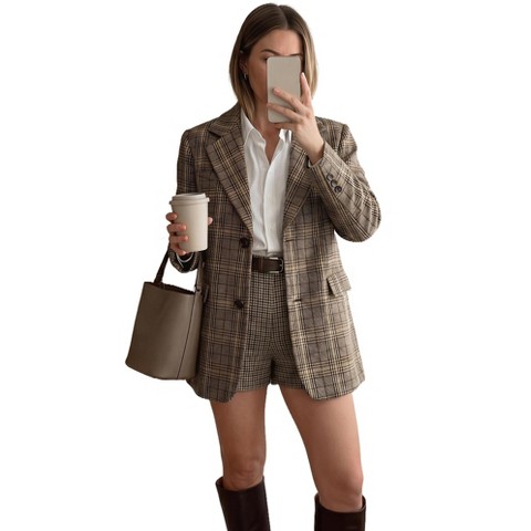 Женские куртки INSPIRE CHIC Women's Plaid Notched Lapel Single Breasted Regular Fit Long Sleeve Business Work Suit Jackets Large Brown