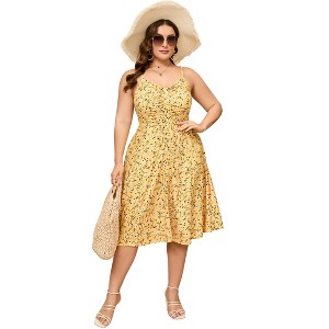 Womens Plus Size Summer Dress V Neck Floral Spaghetti Strap Sundress Button Down Pleated Swing Boho Midi Dress - 1 of 4